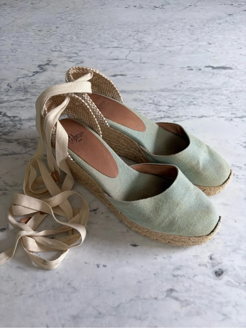 Castaner Mint Green Canvas Espadrille Wedge Sandals with Cream Wrap Ties size 40
